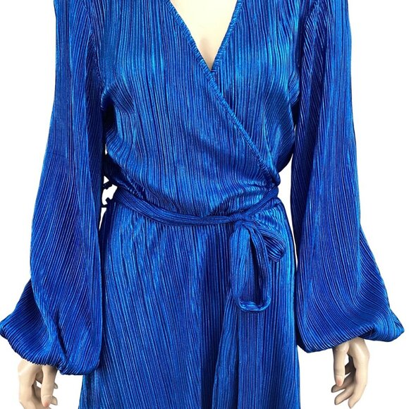 Bardot Belissa Pleat Dress Shine Blue Size Medium Wrap Balloon Sleeves - Picture 7 of 8